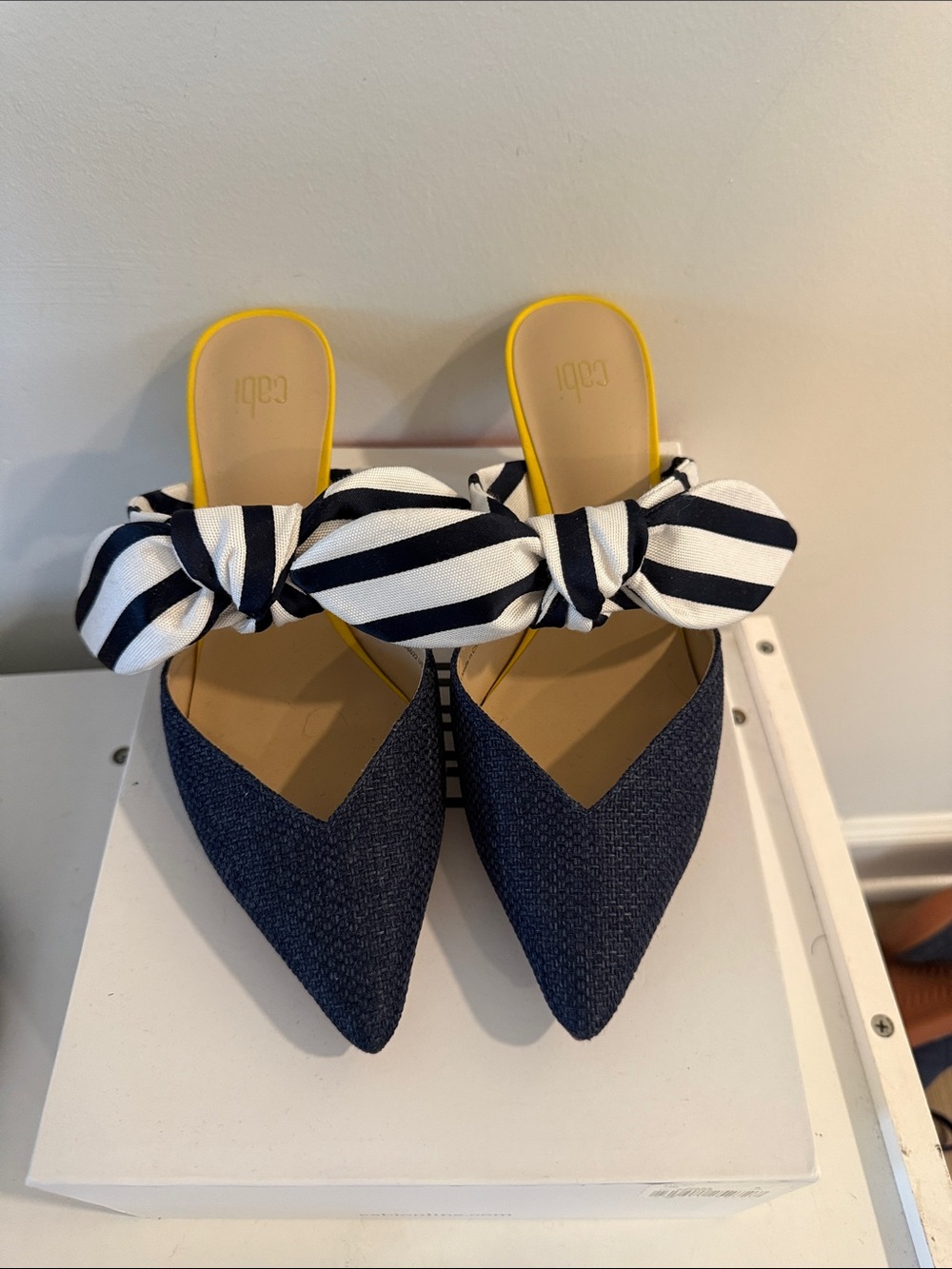 CAbi Navy Pointed Kitten Heel with Black & White Striped Bow and Yellow Trim